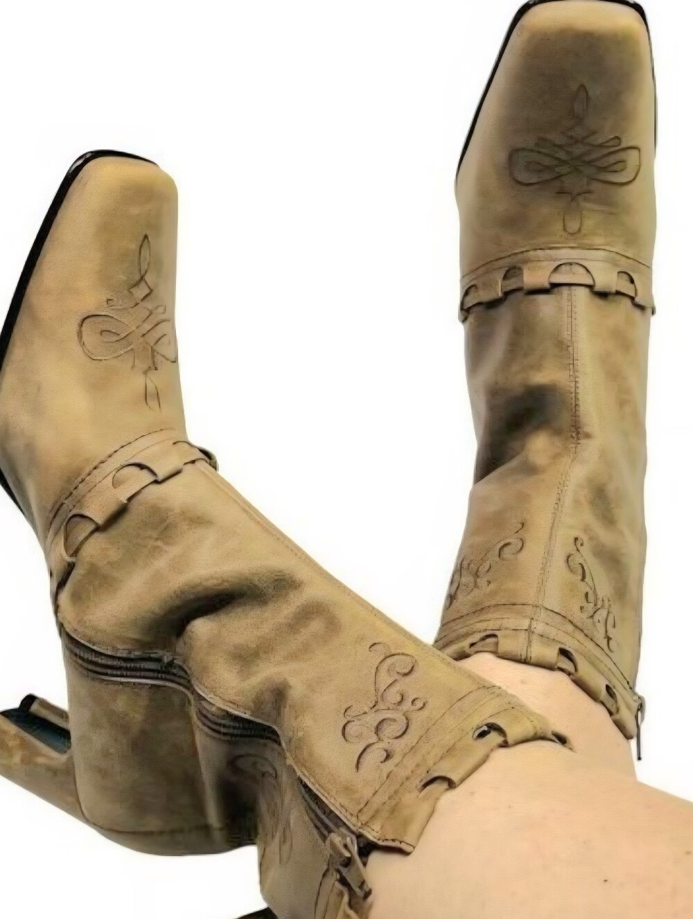 ROPER Leather Lt Brown Tan  Mid Calf ZIP UP Western Rustiç Embroidery Boots 8.5